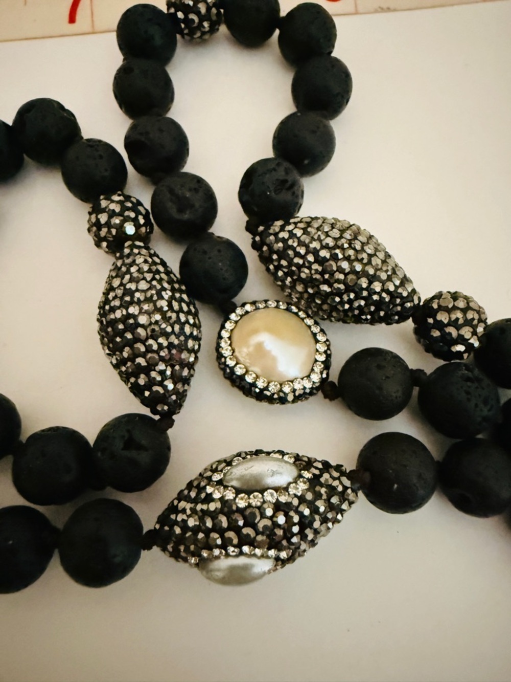 Black Stone Beaded Necklace Pavé Crystal Accents Long - Picture 4 of 5